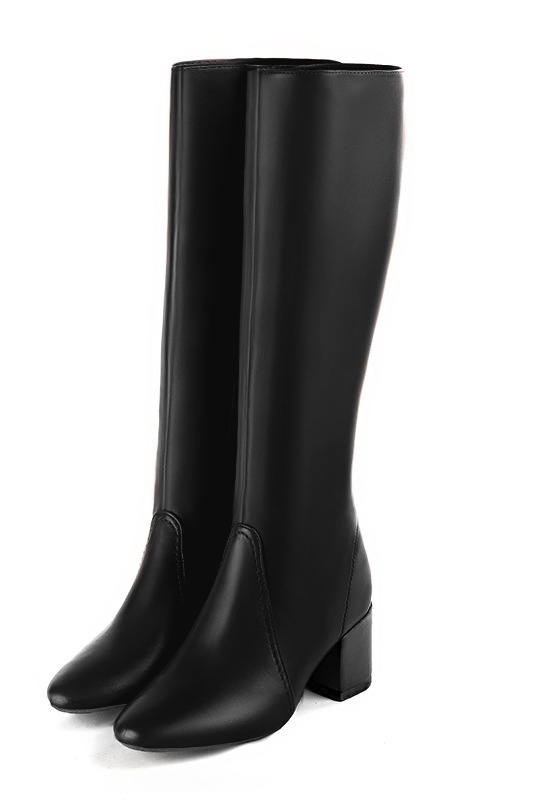 Satin black women's feminine knee-high boots. Round toe. Medium block heels. Made to measure. Front view - Florence KOOIJMAN